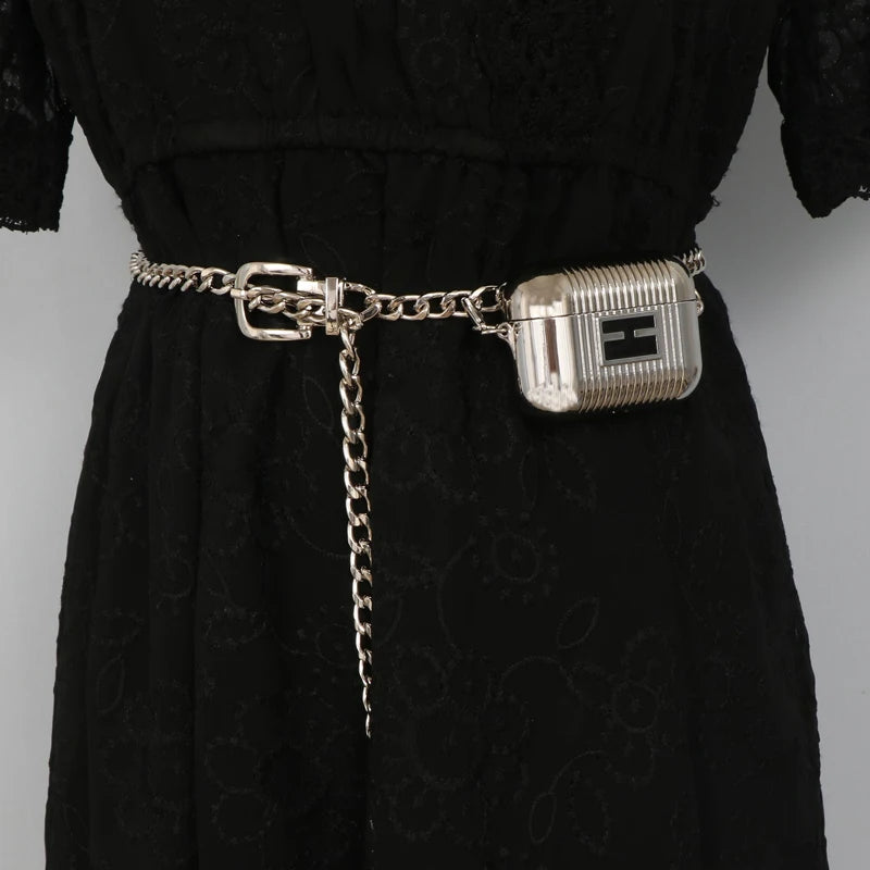 Metal Chain Waist Belt with Letter Bag Box Women European Ins Mini Fanny Packs