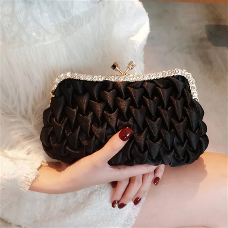 Ruched Clutches Rhinestone Frame Satin Evening Bag