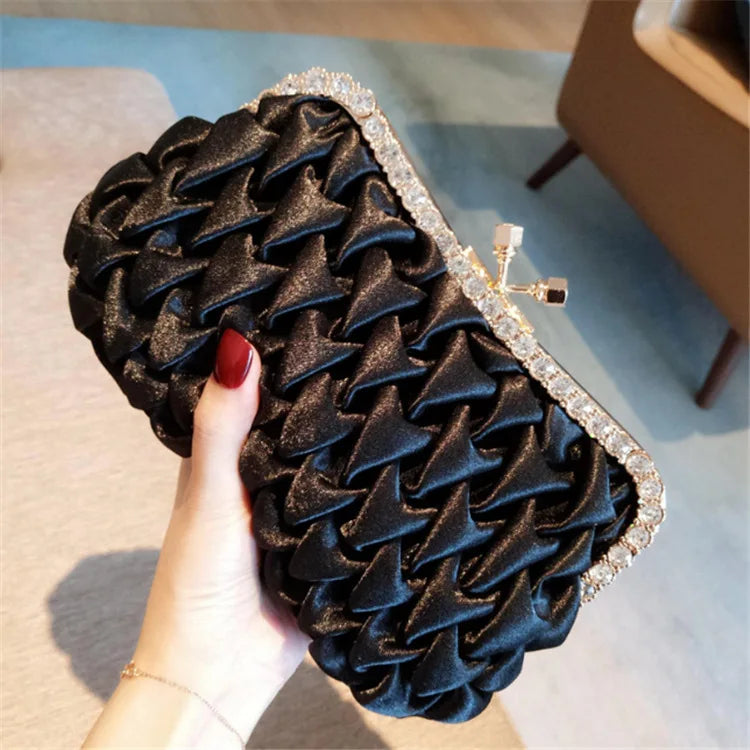 Ruched Clutches Rhinestone Frame Satin Evening Bag
