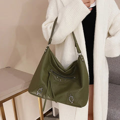 Brown Rivets Shoulder Bag Soft Leather Handbag Messenger Bag Crossbody Tote