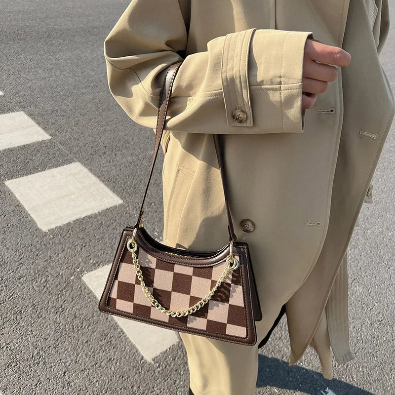Women Checkerboard Pattern Half Moon Crossbody Bag