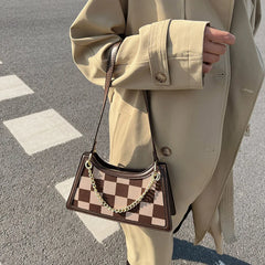 Women Checkerboard Pattern Half Moon Crossbody Bag