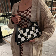 Women Checkerboard Pattern Half Moon Crossbody Bag