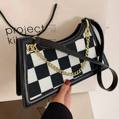 Women Checkerboard Pattern Half Moon Crossbody Bag