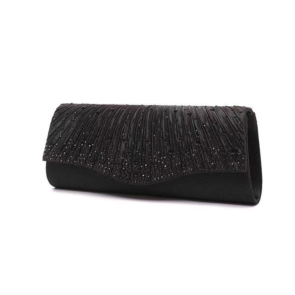 Satin Rhinestone Evening Bag Glitter Clutch Wedding Party Purse Chain