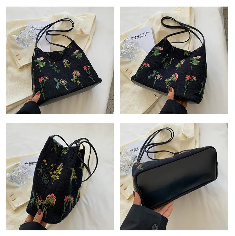 Large Flowers Tote Bag Embroidery Canvas Handbag