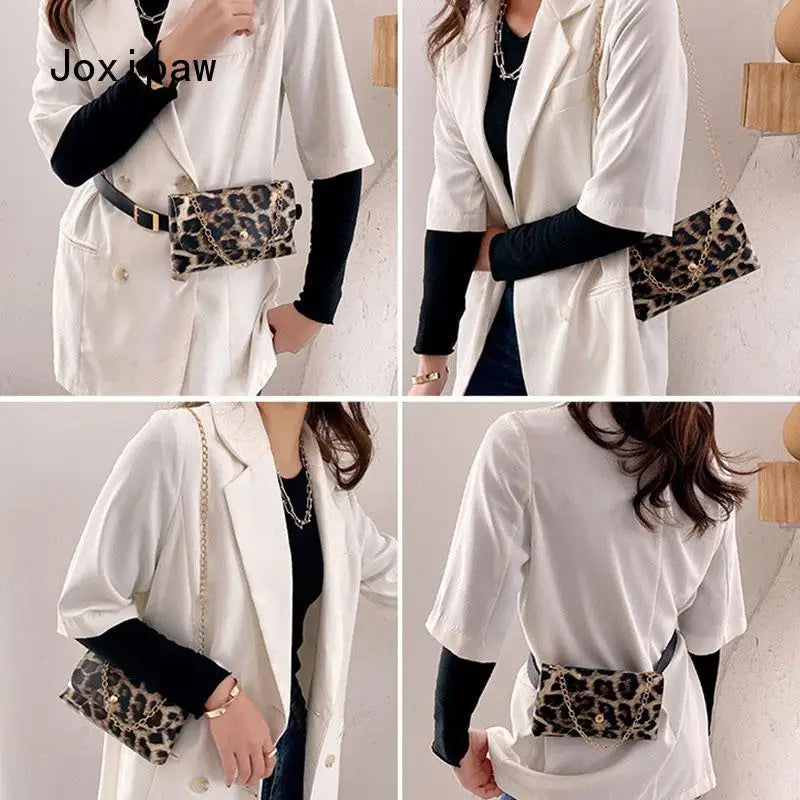 Leopard Print Waist Bag Chain Phone Shoulder PU Leather Fanny Pack