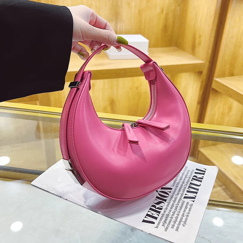 Half Moon Shape Women Bag Leather Clutch Purse Vintage Handbag