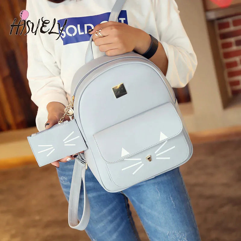 Cat Printing PU Leather Backpack for Girls Pink Teen Travel