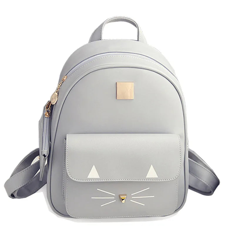 Cat Printing PU Leather Backpack for Girls Pink Teen Travel
