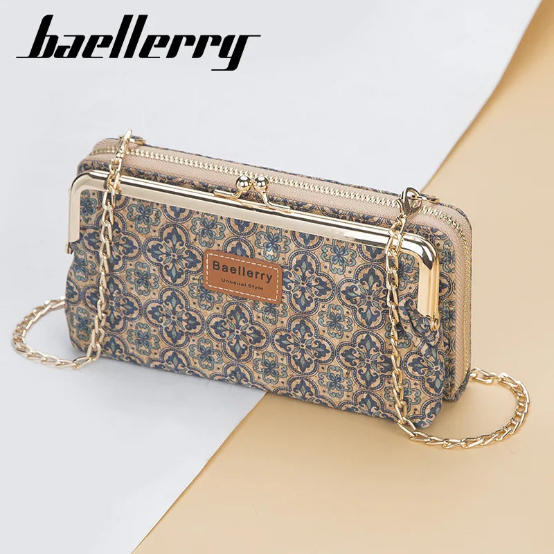 Women Wood Grain Chain Long Wallet High Phone Holder Classic Female Purse