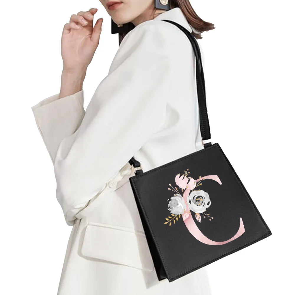 Shoulder Bag Initial Name Letter Pink Flower Pattern Printing Series