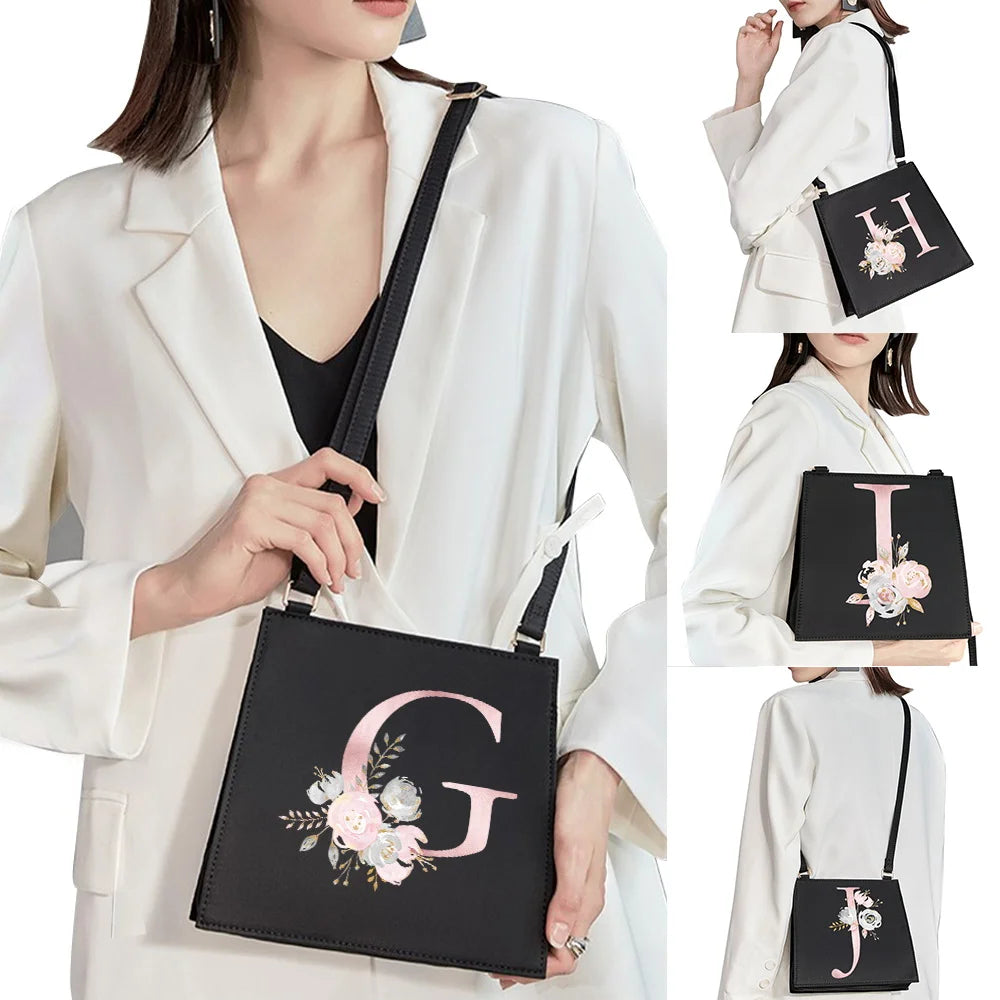 Shoulder Bag Initial Name Letter Pink Flower Pattern Printing Series