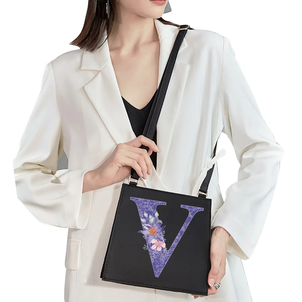 Purple Flower Commuter Shoulder Bag Initial Name Letter Print Bag Square Tote