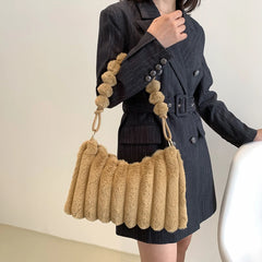 Women Plush Shoulder Bags Winter Faux Fur Handbag Large Capacity