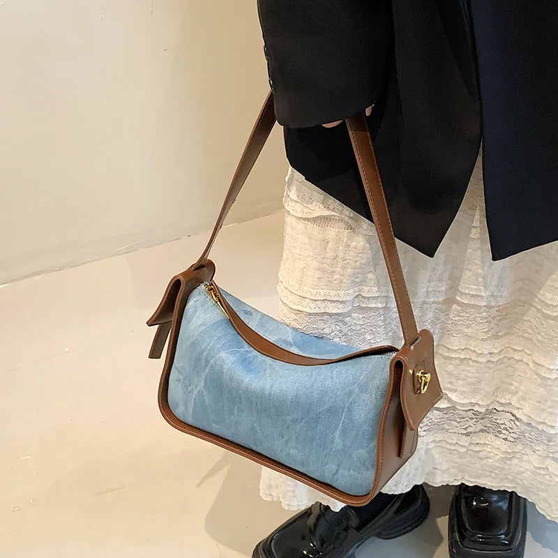 Women PU Leather Handbag Large Capacity Denim Shoulder Bags Zipper Clutch