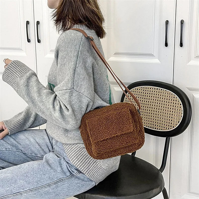 Lamb Wool Plush Crossbody Bag for Travel Birthday Present