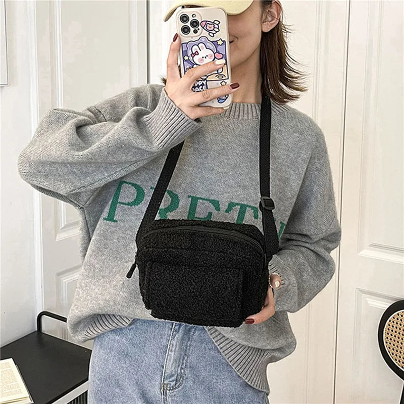 Lamb Wool Plush Crossbody Bag for Travel Birthday Present