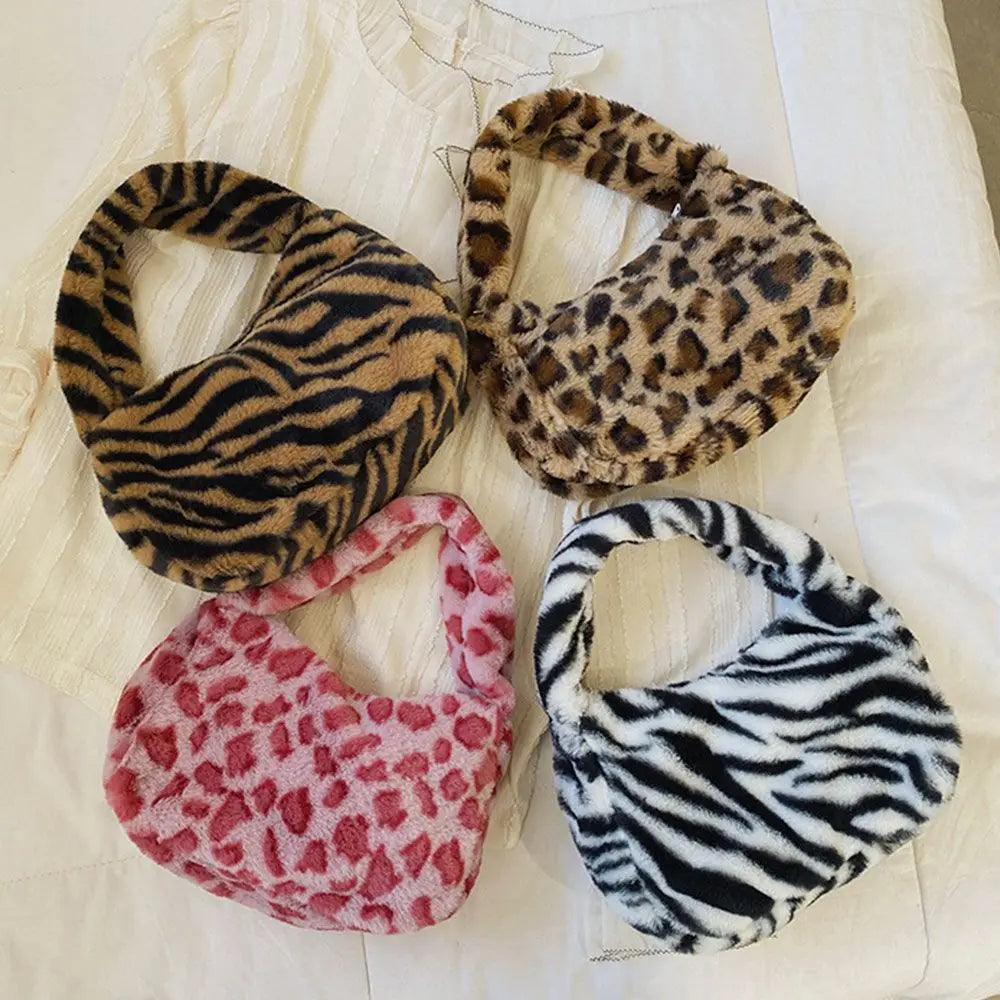 Women Leopard Shoulder Bag Soft Plush Handbag Winter Tote Purse