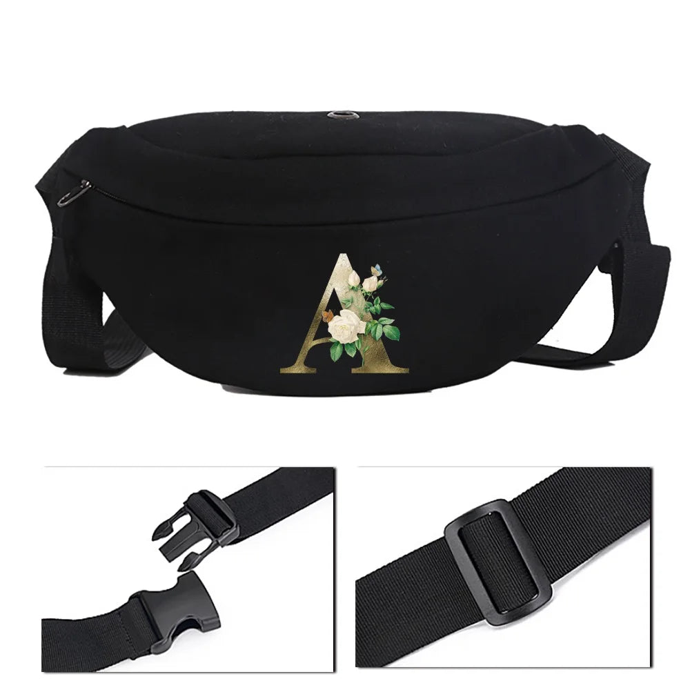 Golden Flower Pattern Canvas Bag Shoulder Chest Waist Messenger Riding Bag