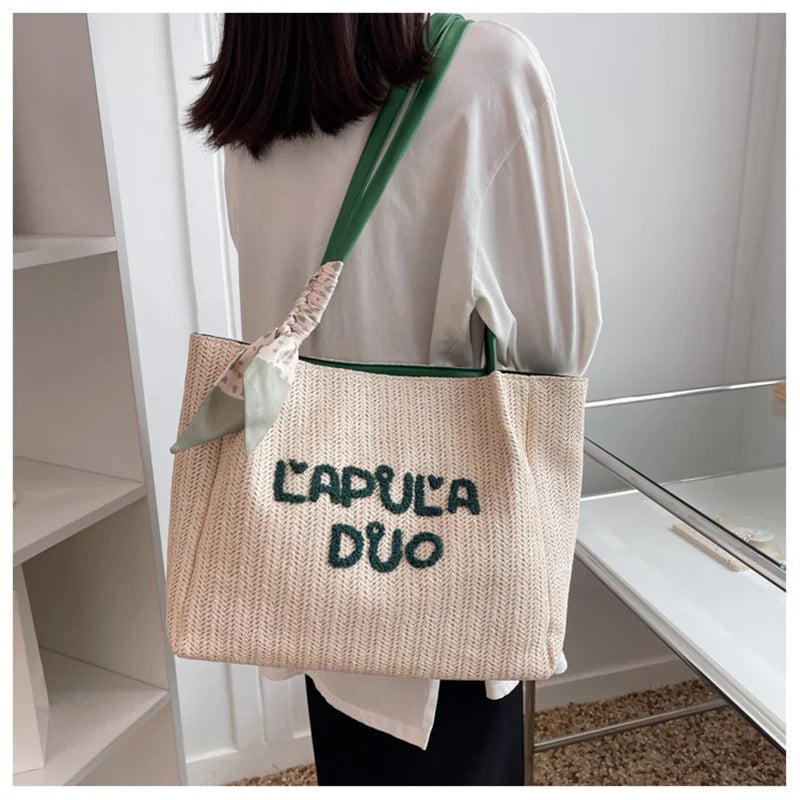 Female Sweet Letter Straw Woven Shoulder Bag