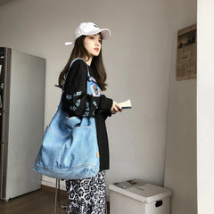 Girl Cowboy Canvas Shoulder Bag Soft Denim Large Capacity