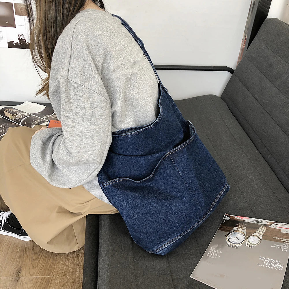 Girl Cowboy Canvas Shoulder Bag Soft Denim Large Capacity