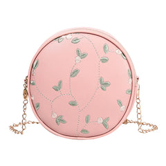 Girl's Round PU Leather Shoulder Crossbody Bag with Embroidery