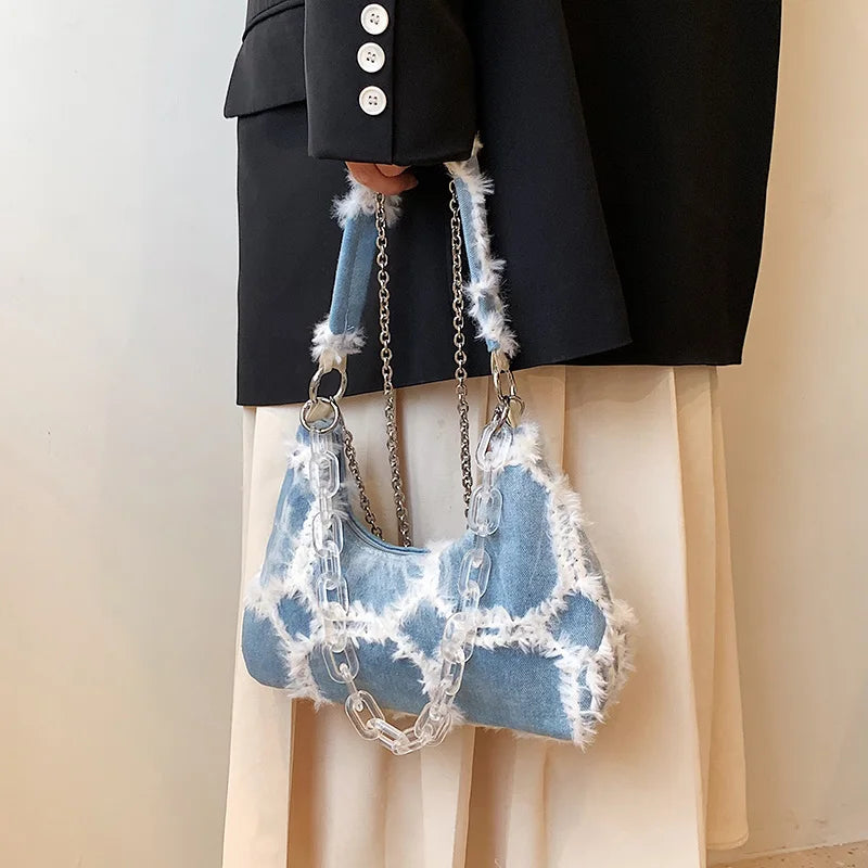 Denim Chain Shoulder Handbag Small Underarm Bag