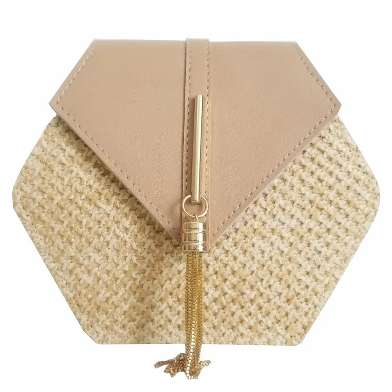 Hexagon Straw+Leather Handbag Summer Rattan Bag