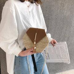 Hexagon Straw+Leather Handbag Summer Rattan Bag