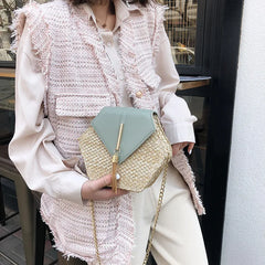 Hexagon Straw+Leather Handbag Summer Rattan Bag