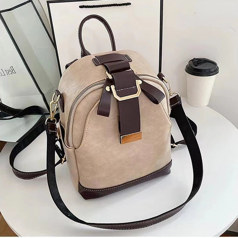 High Women's Leather Backpack Large Capacity Sewing