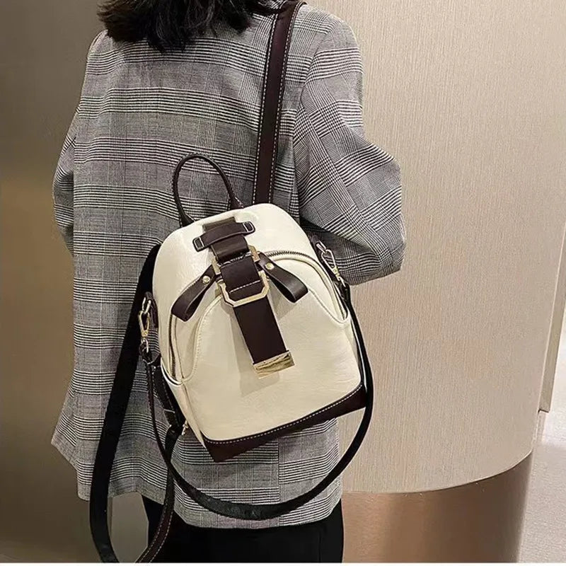 High Women's Leather Backpack Large Capacity Sewing