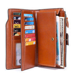 Retro Oil Wax Leather Women Wallet RFID Long Clutch Bag
