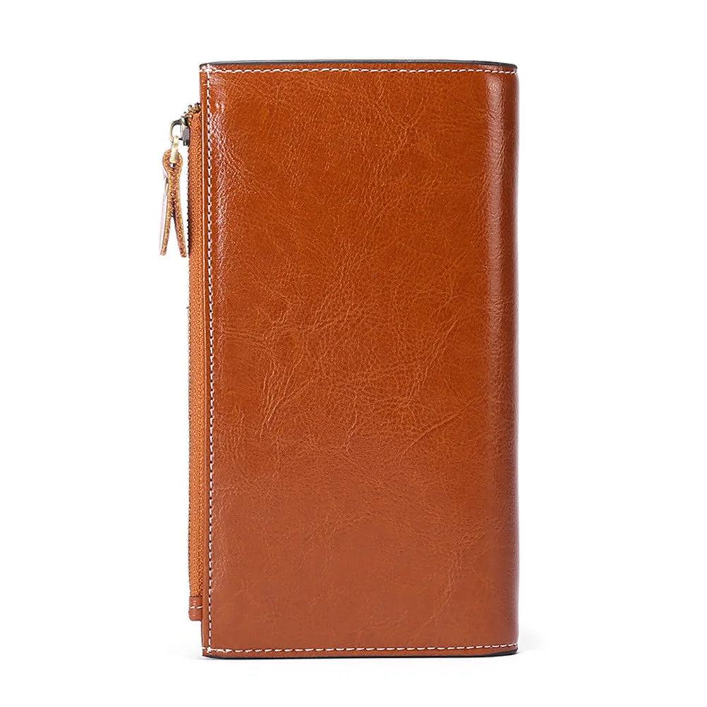 Retro Oil Wax Leather Women Wallet RFID Long Clutch Bag