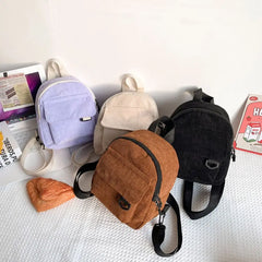 Women Mini Backpack Solid Corduroy Small Backpacks Casual Student Bookbags