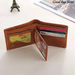 Men's Short Wallet Money Clip Foldable Leather Wallets Brown
