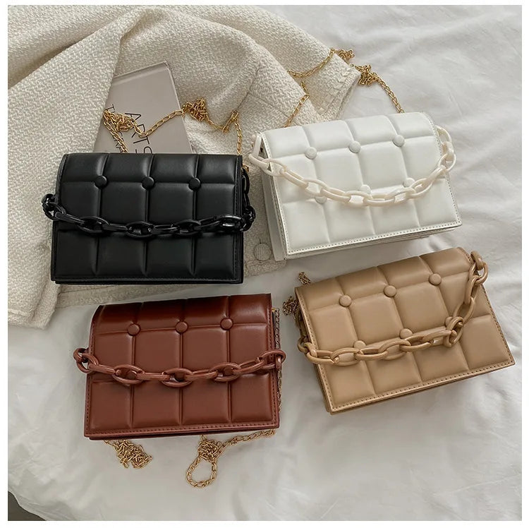 Quilted Plaid Flap Bag Soft PU Leather Shoulder Bag Chain Crossbody Clutch