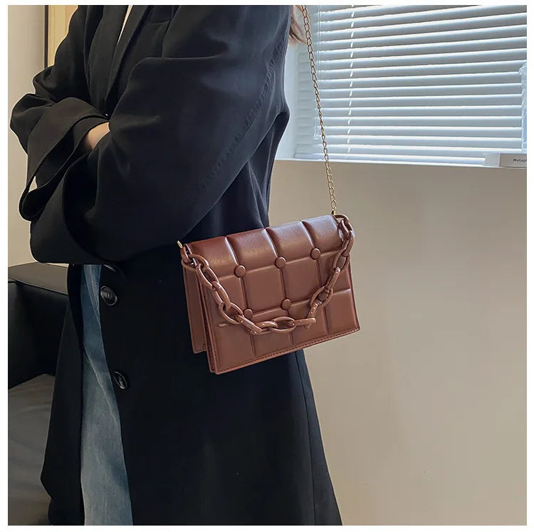 Quilted Plaid Flap Bag Soft PU Leather Shoulder Bag Chain Crossbody Clutch