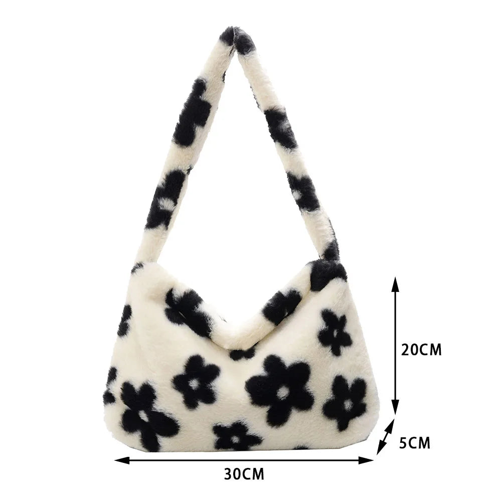 Women Plush Flower Pattern Shoulder Bags Faux Fur Handbag