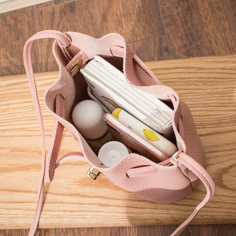 PU Leather Bucket Bag Ladies Shoulder Bag Solid Drawstring Bag