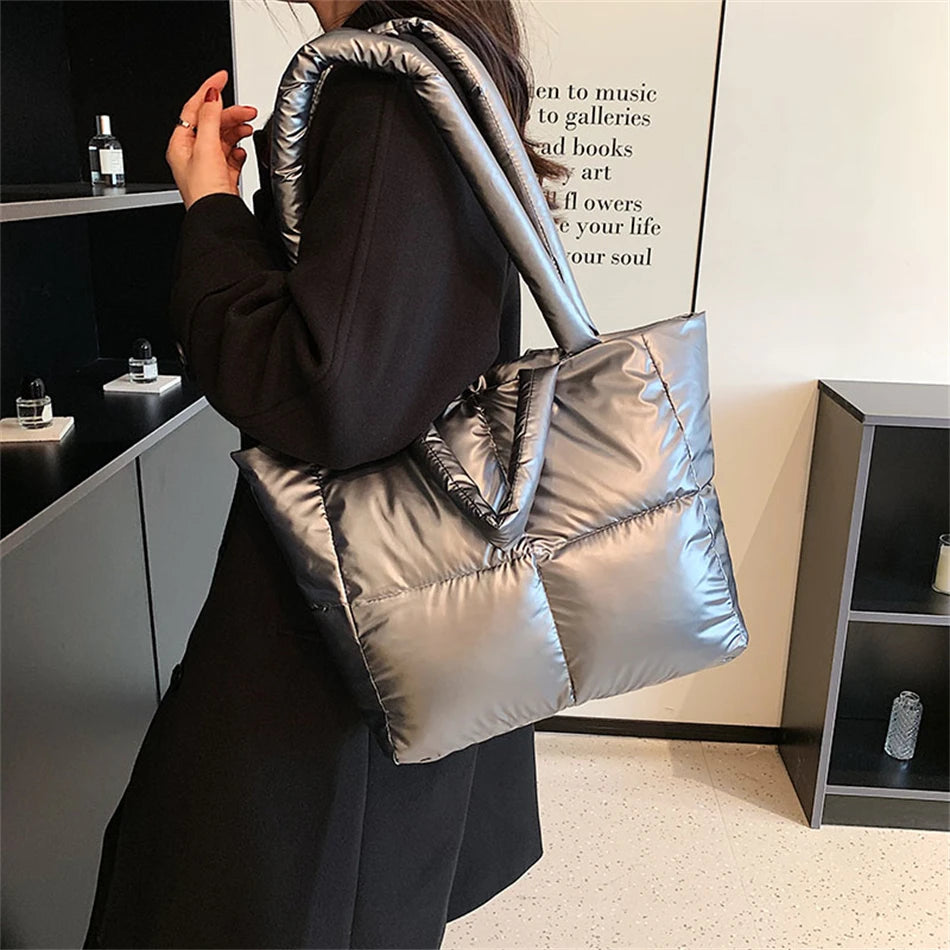 Winter Big Totes Purses Women Shoulder Bags Down Fabric Bag