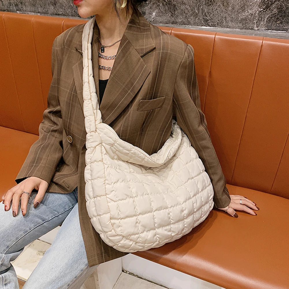Lattice Pattern Shoulder Bag Space Cotton Handbag Women Large Capacity