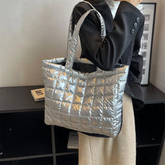 Lattice Pattern Shoulder Space Cotton Handbag Women Large Capacity Puffy Tote
