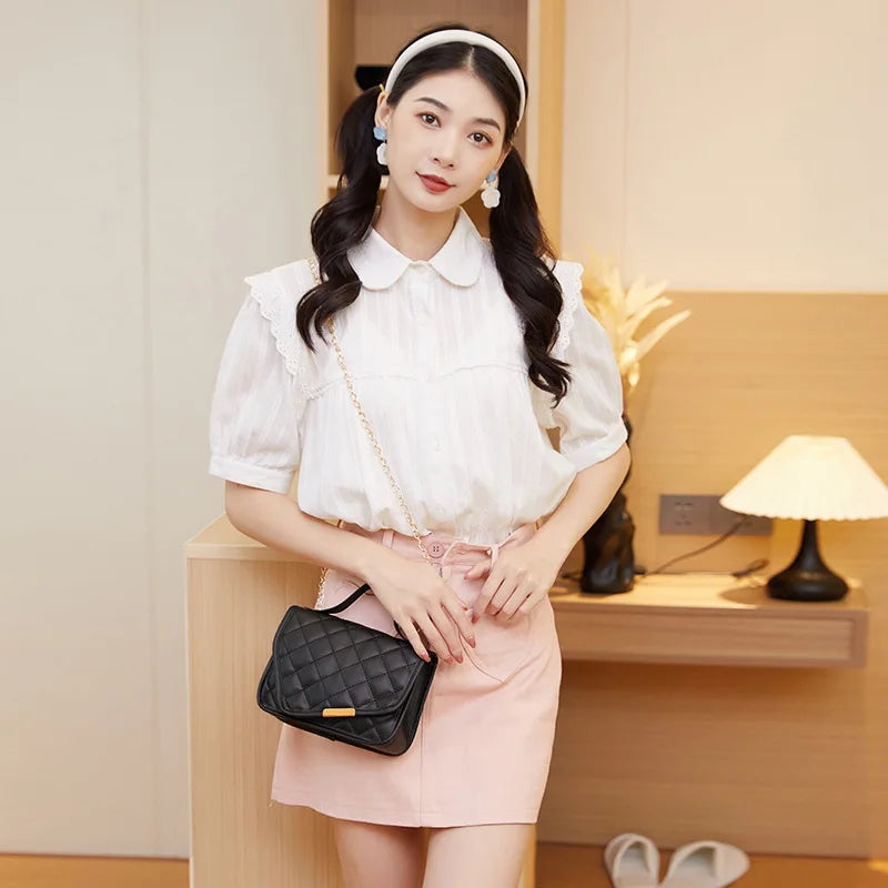 Embroidered Small Square Bag Shoulder Messenger Chain Handbag