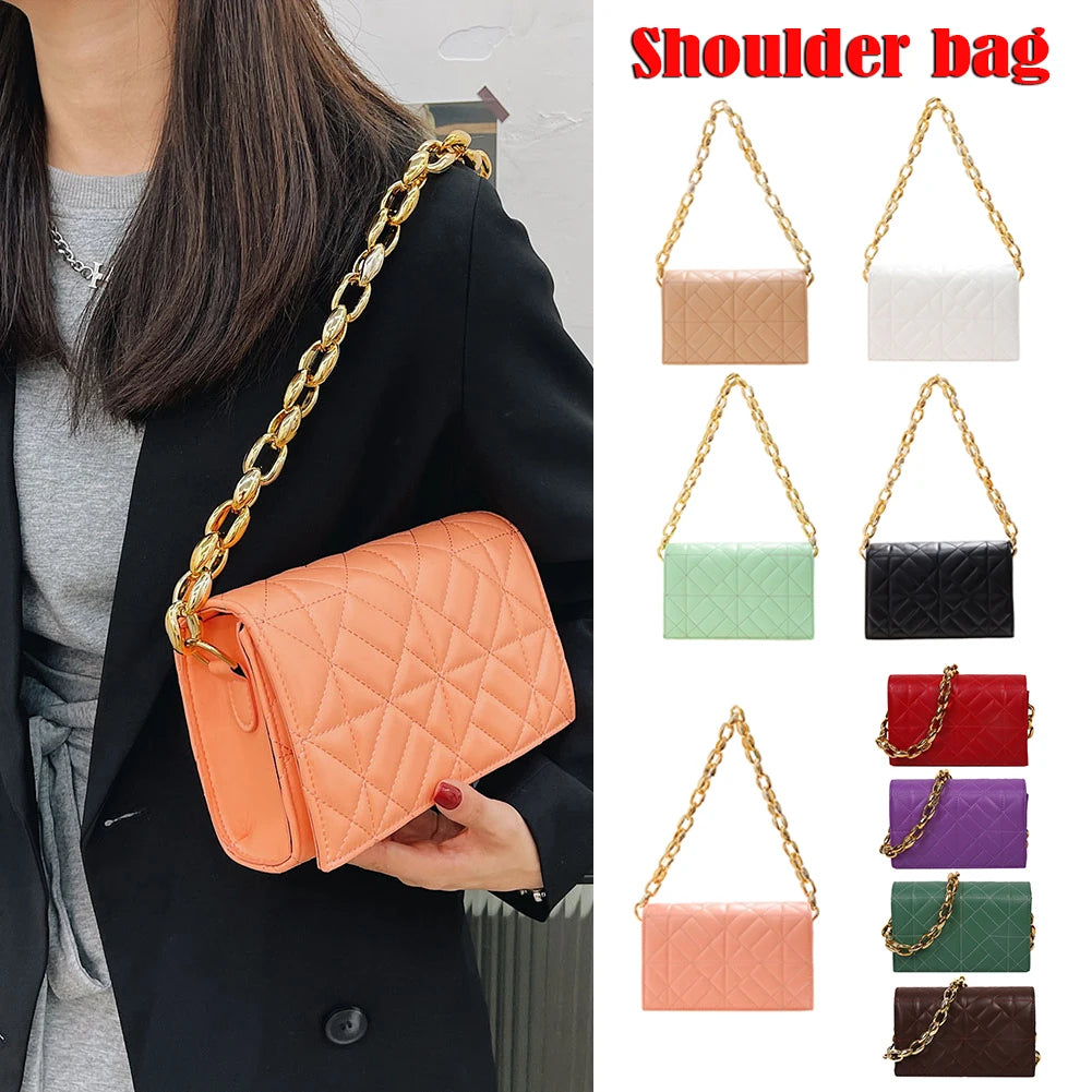Quilted Chain Shoulder Bag Metal Thick Chain Purses Clutch Handbag