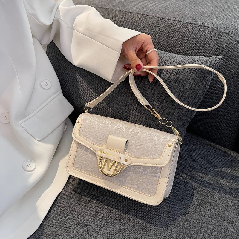 M Letter Print Shoulder Handbag Lock Small Square Bag Women's Bags