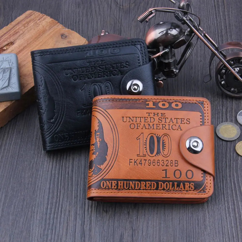 Men's Short Wallet Magnetic Buckle Double Line Foldable PU Leather Wallet