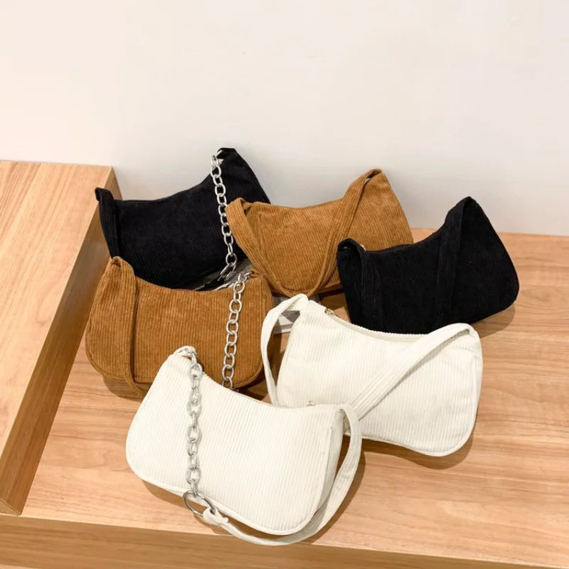 Corduroy French Stick Handbag Retro One Shoulder Bag Solid Color Square Bag